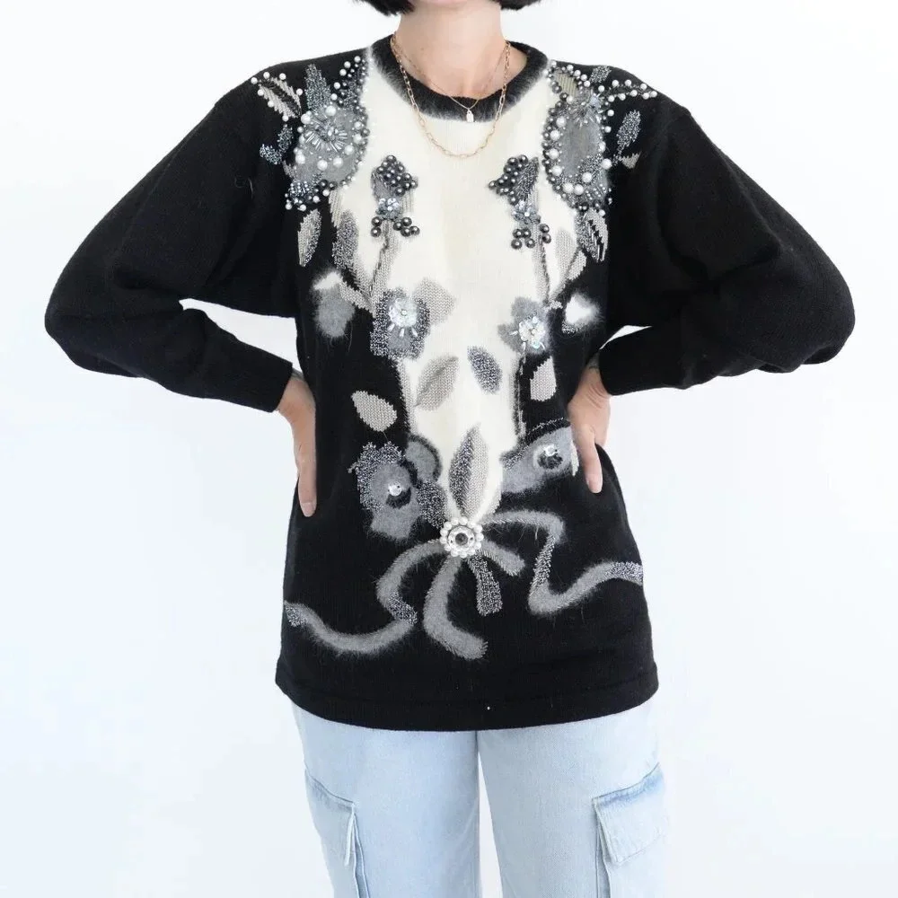 Vintage Angora Elegant Black and White Floral Sweater - Picture 2 of 13